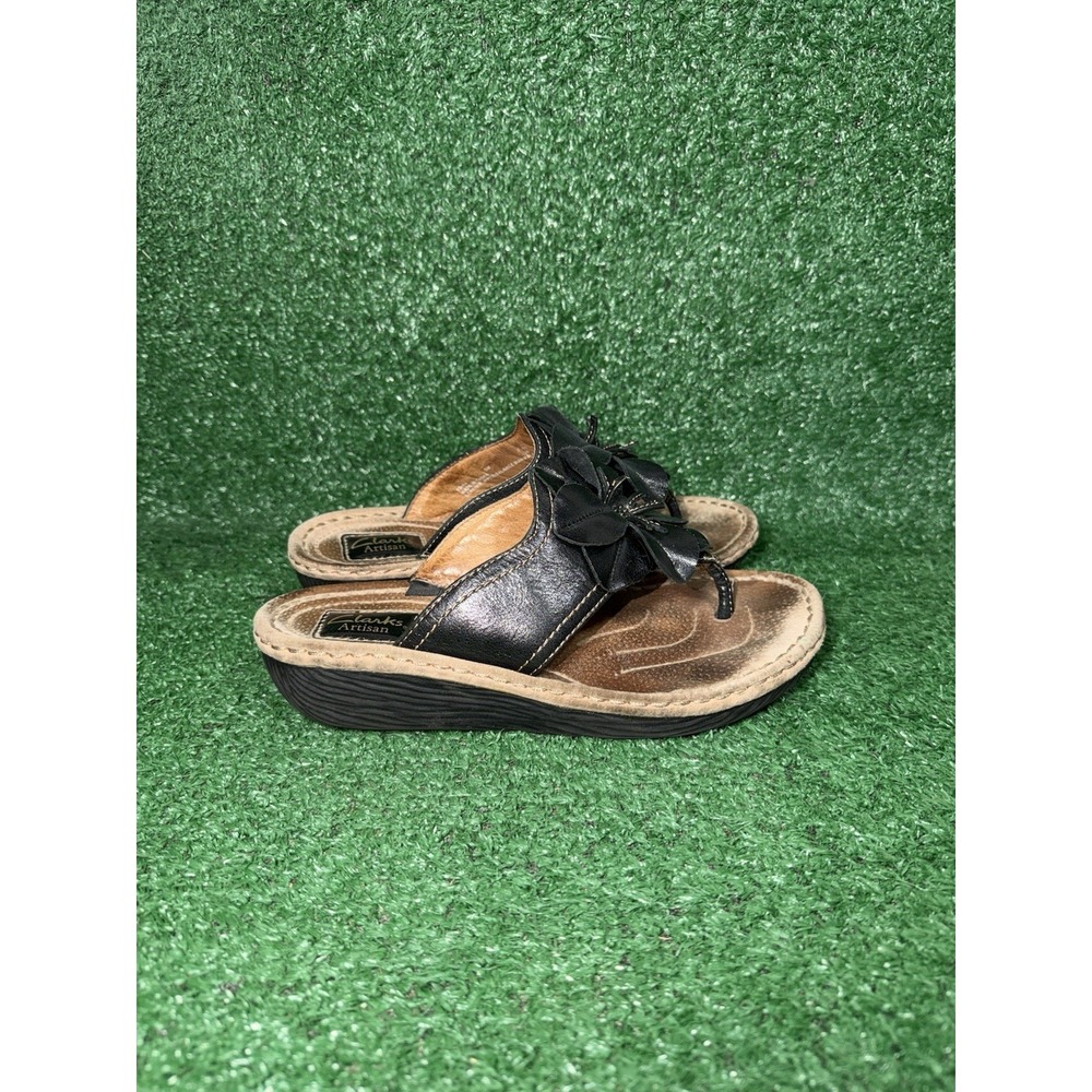 Clarks Artisan Black Leather Flower Wedge Thong Sandals Beach Slide Women Size 8